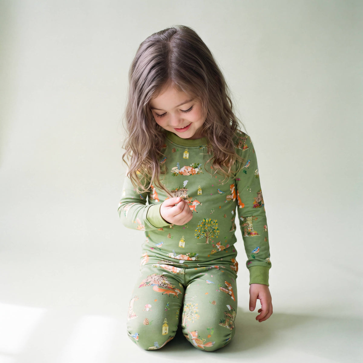 Kids' sage green fox woodland print long sleeve bamboo pajama set