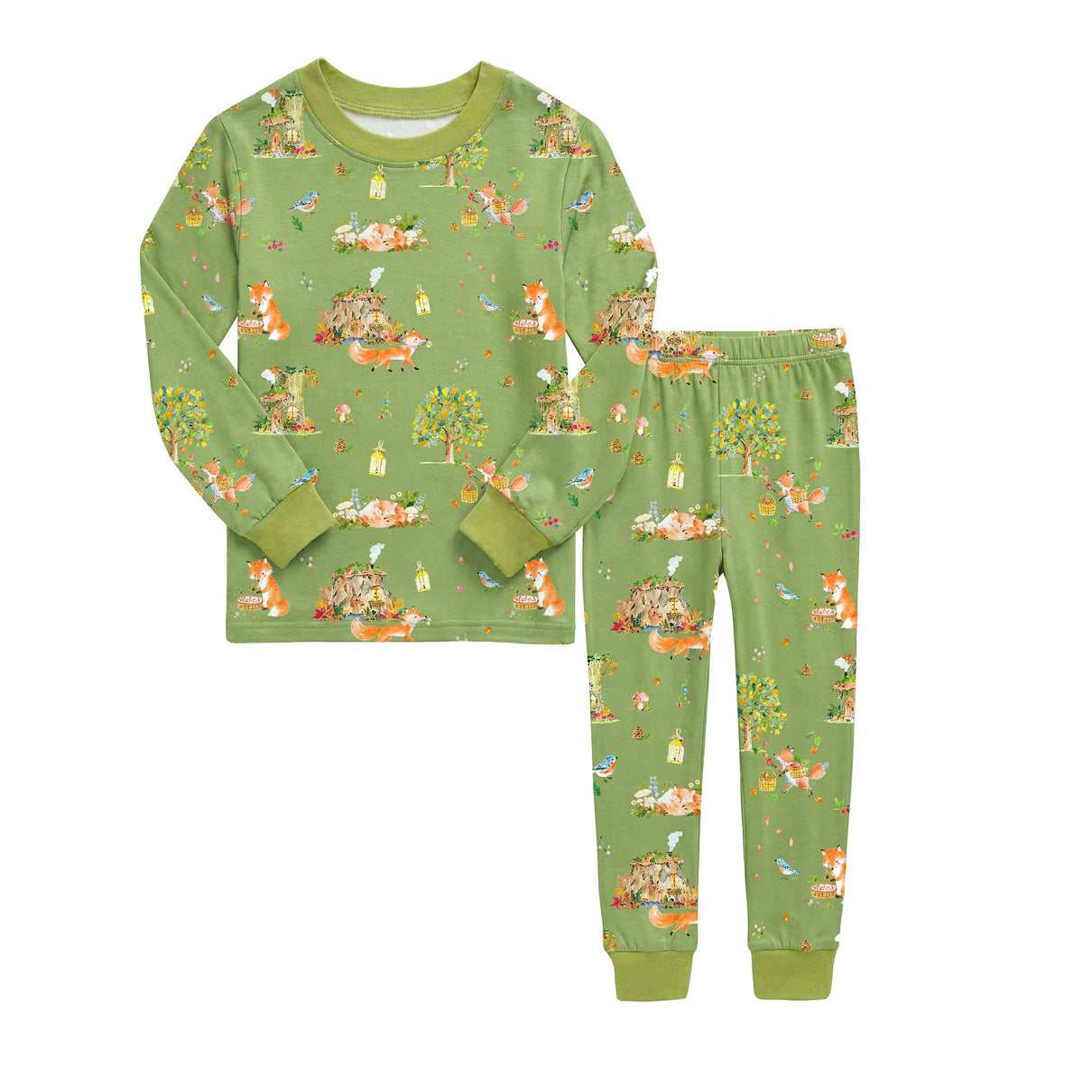 Kids' sage green fox woodland print long sleeve bamboo pajama set – view 2