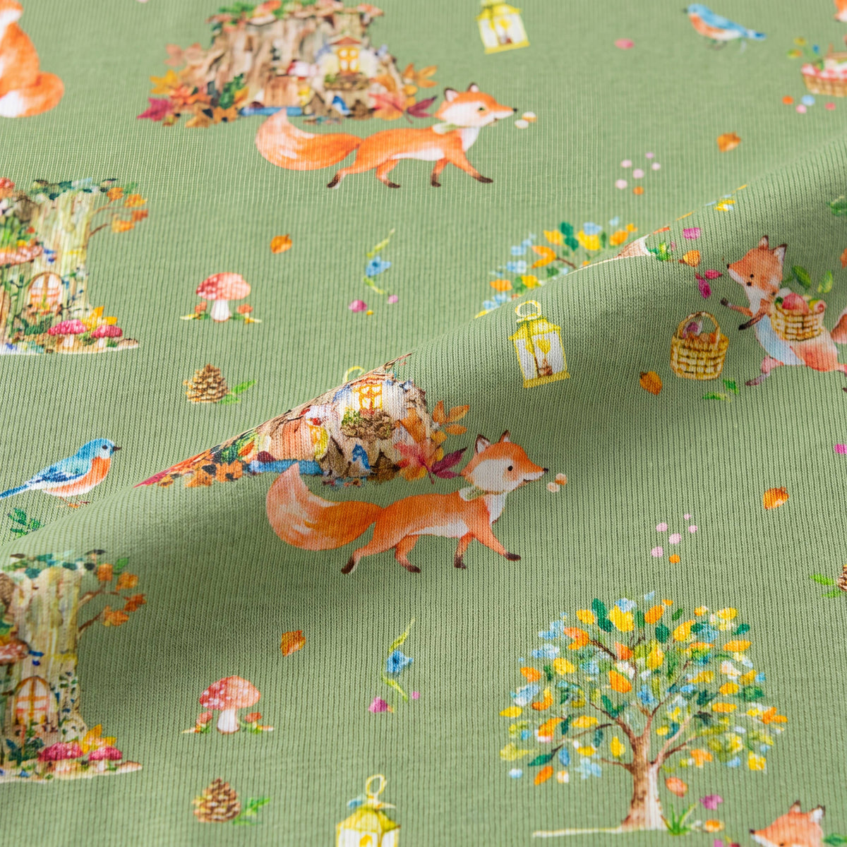 Kids' sage green fox woodland print long sleeve bamboo pajama set – view 3