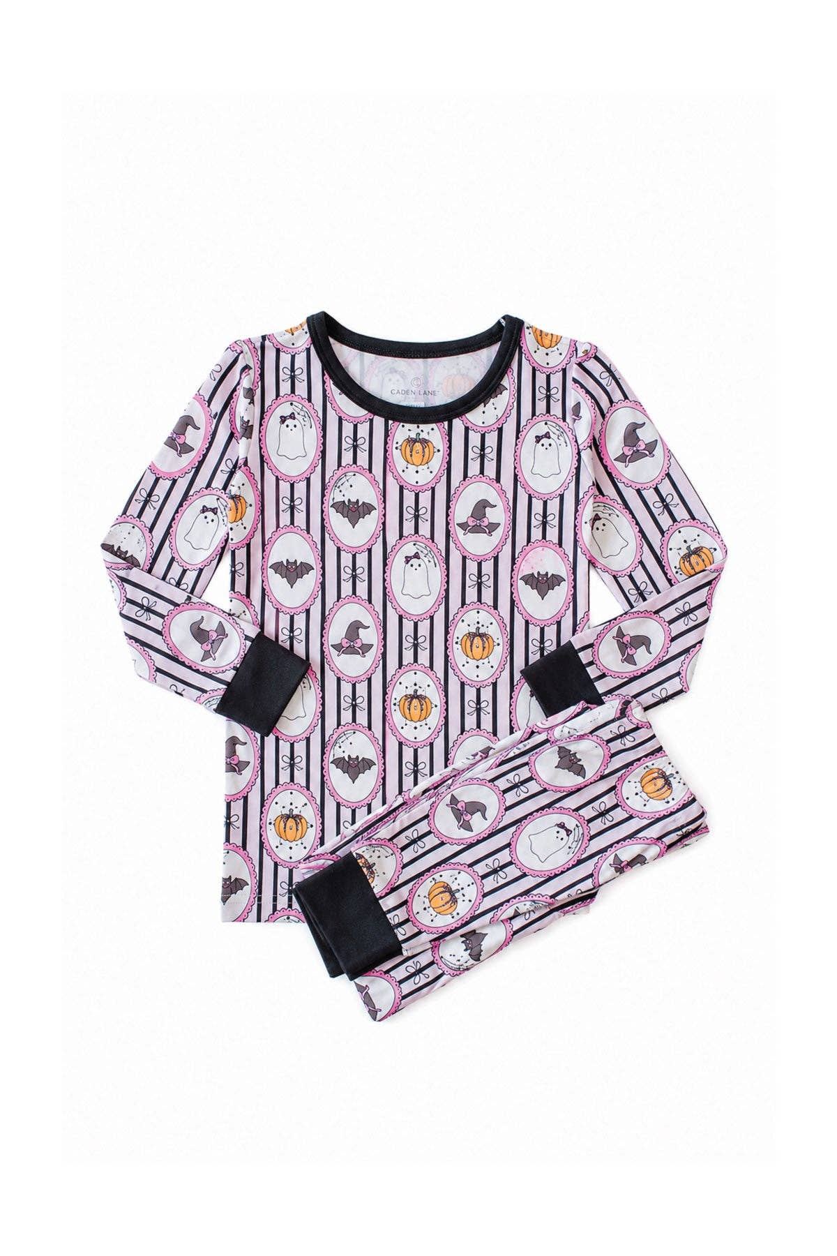 Girls' pink stripe glow-in-the-dark ghost print bamboo Halloween pajama set – view 2