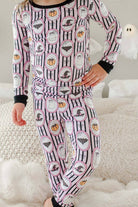 Girls' pink stripe glow-in-the-dark ghost print bamboo Halloween pajama set – view 3