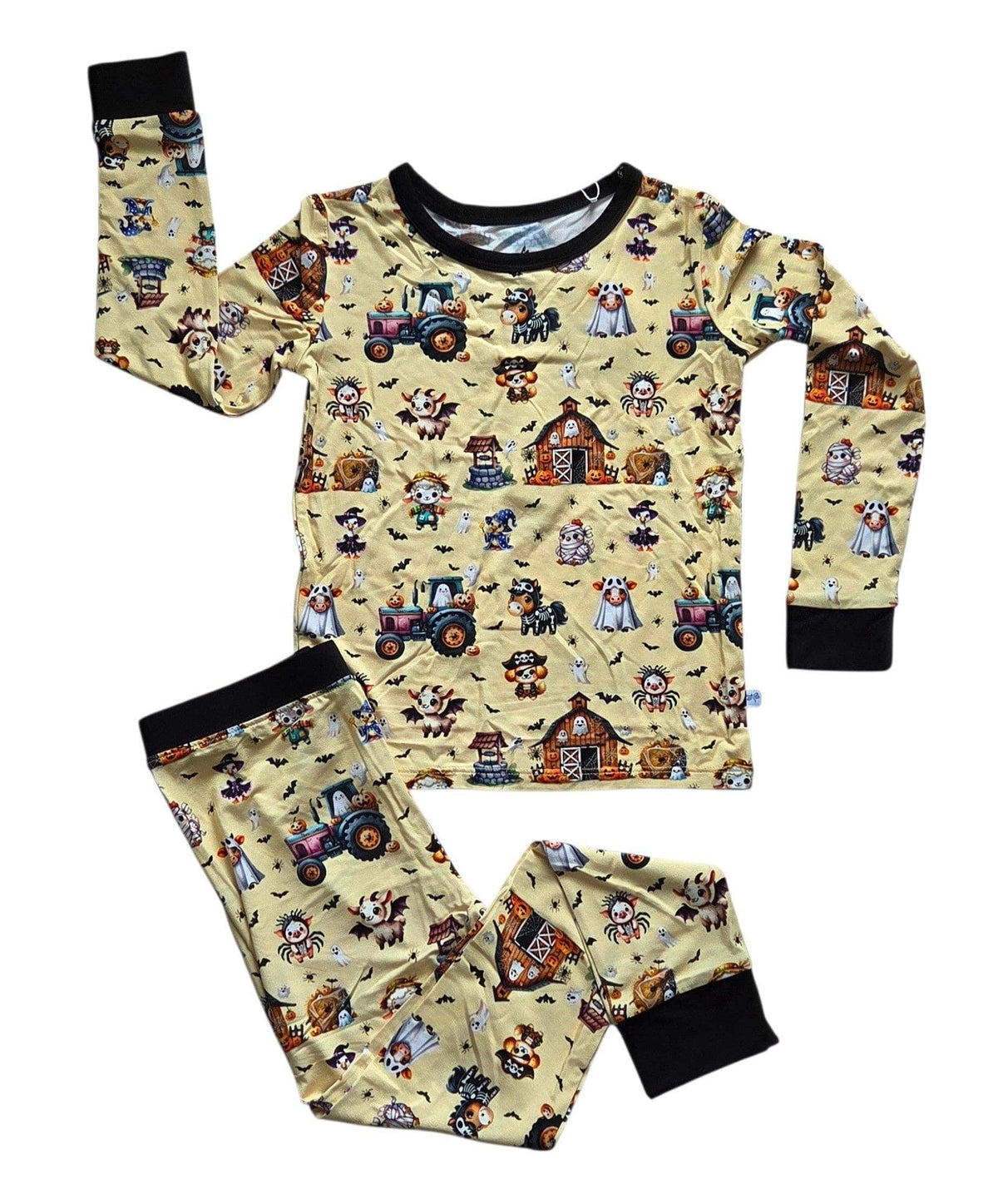 Kids' orange Halloween farm print long sleeve bamboo pajama set