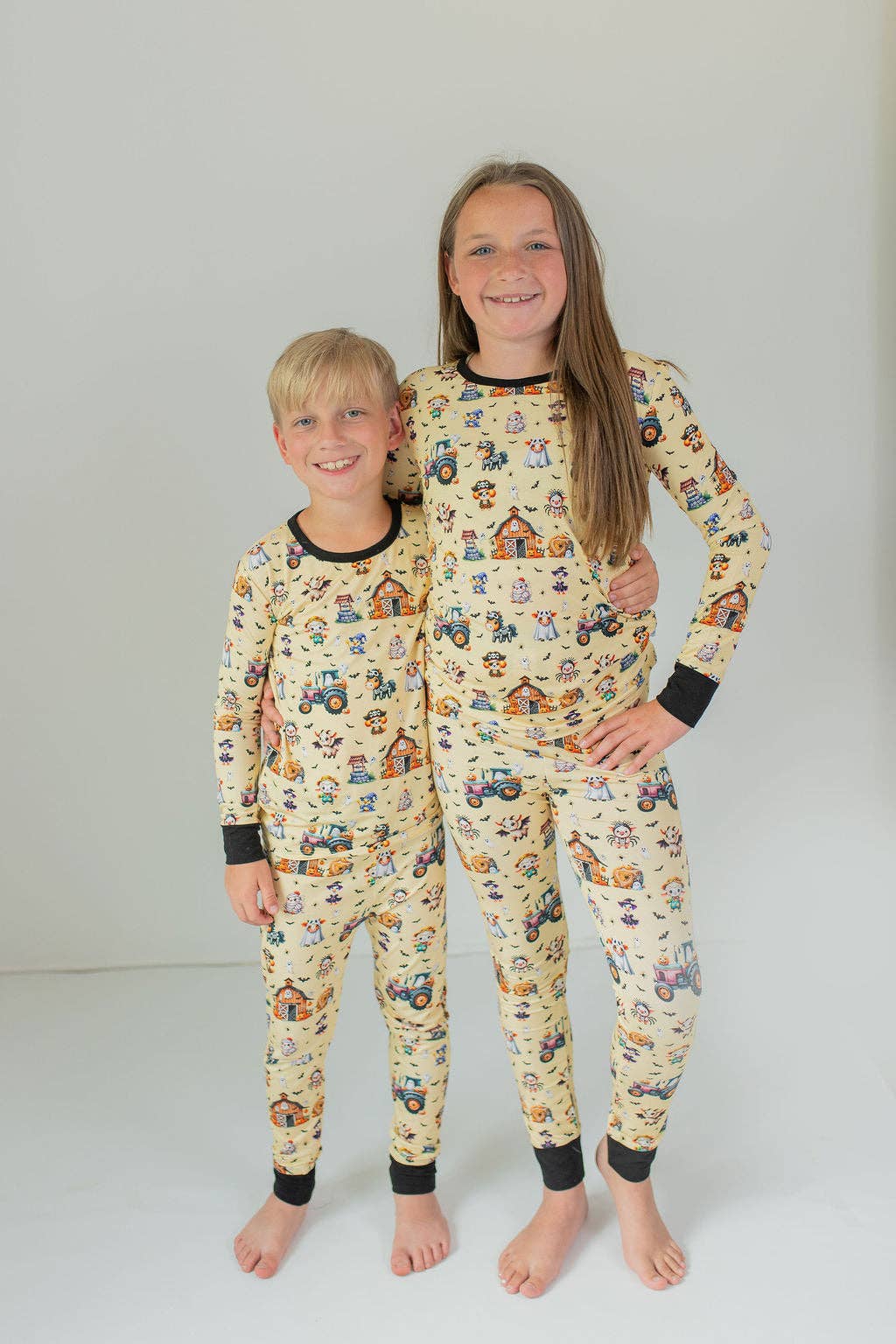 Kids' orange Halloween farm print long sleeve bamboo pajama set – view 2