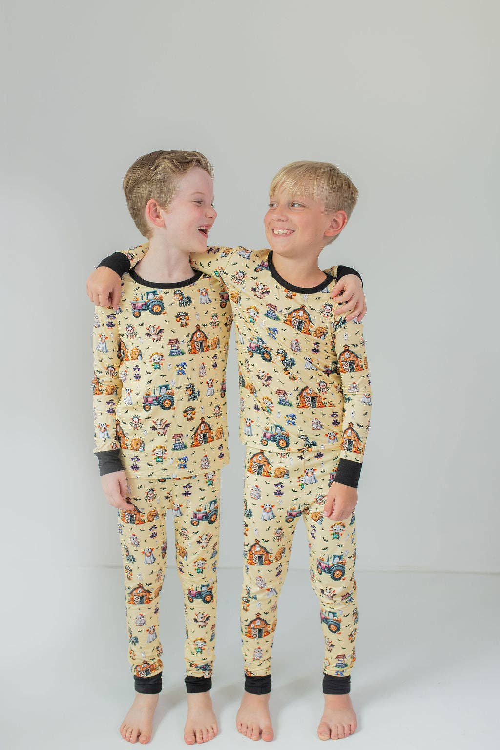 Kids' orange Halloween farm print long sleeve bamboo pajama set – view 3