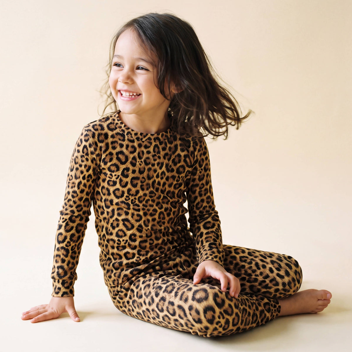 Kids' tan leopard print long sleeve bamboo rib knit pajama set