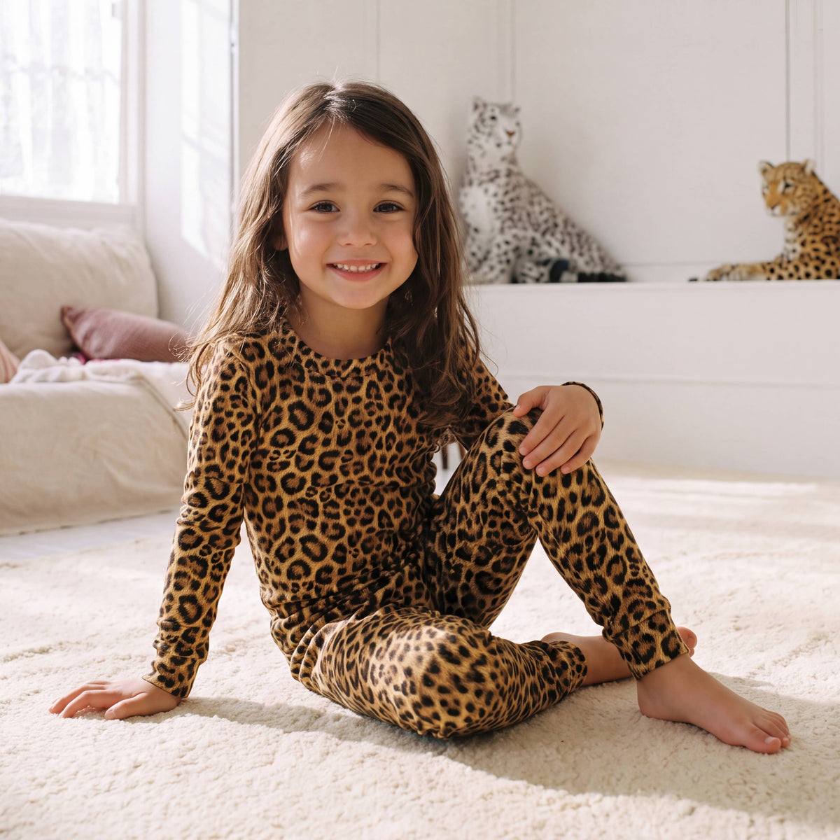 Kids' tan leopard print long sleeve bamboo rib knit pajama set – view 4