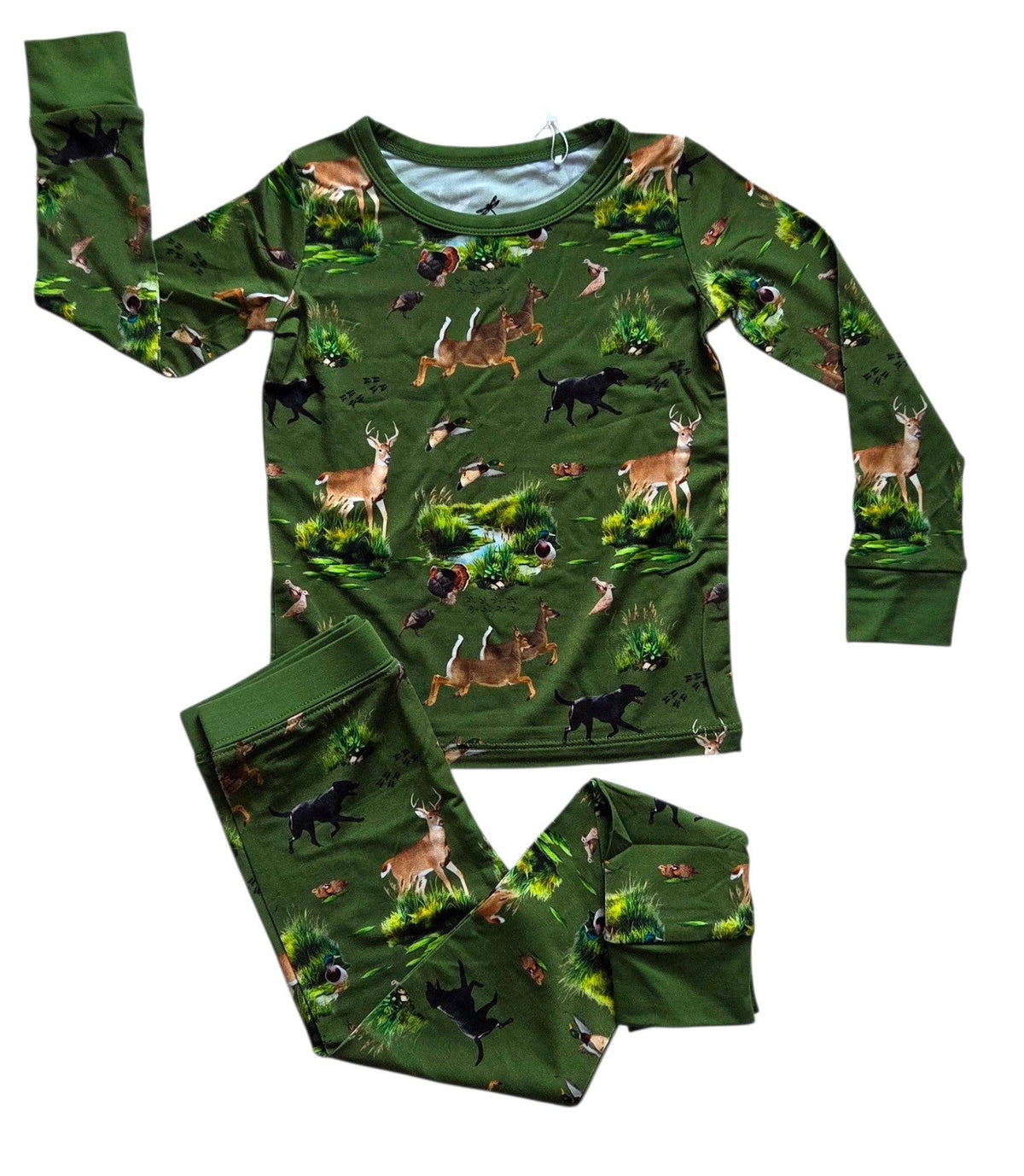 Kids' green pine tree print long sleeve bamboo holiday pajama set