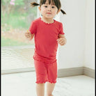 Girls' rose coral shirred short sleeve viscose pajama set – view 2