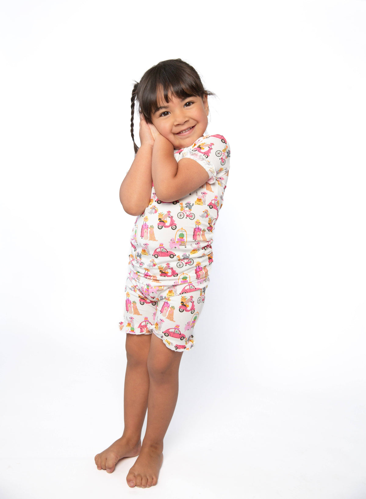 Toddler girls' travel dogs print ruffle short sleeve bamboo pajama set – view 2