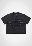 Men's dark grey cropped terry tee with 3D embroidery and studs