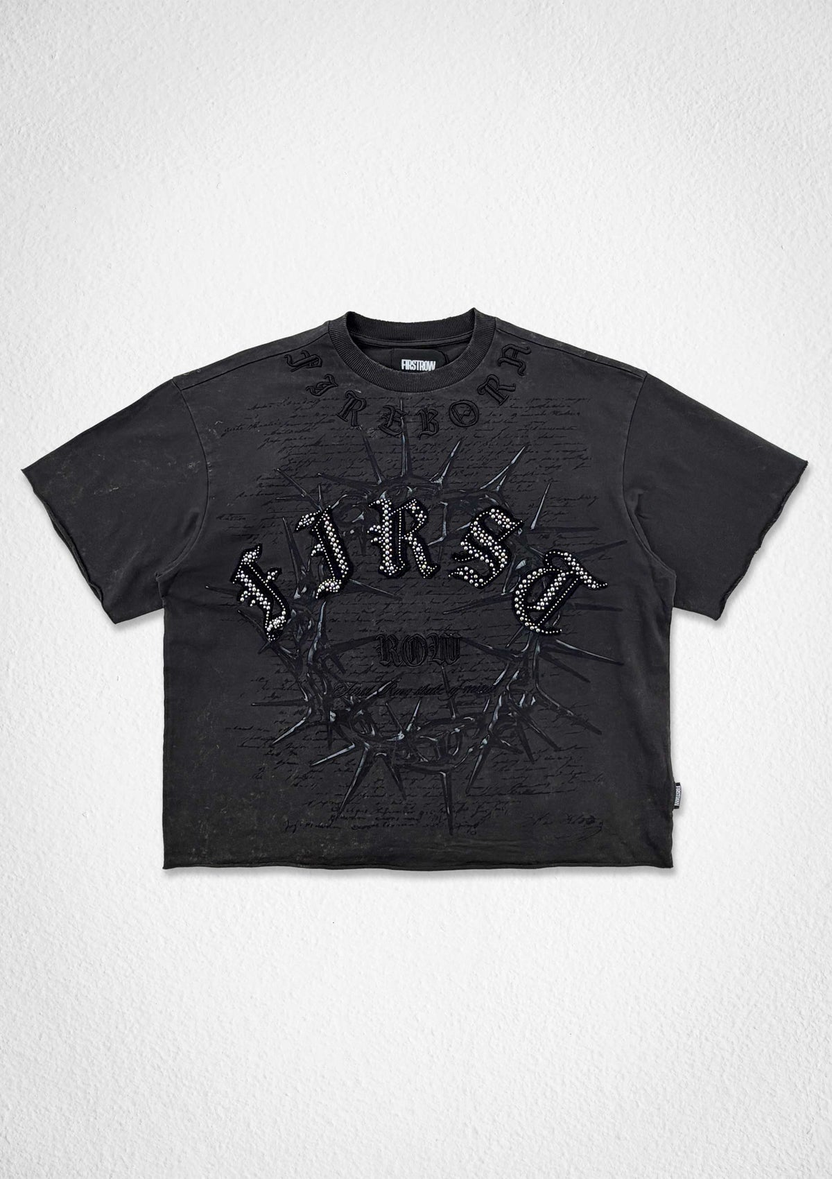 Men's dark grey cropped terry tee with 3D embroidery and studs