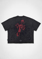 Men's dark grey cropped terry tee with 3D embroidery and studs