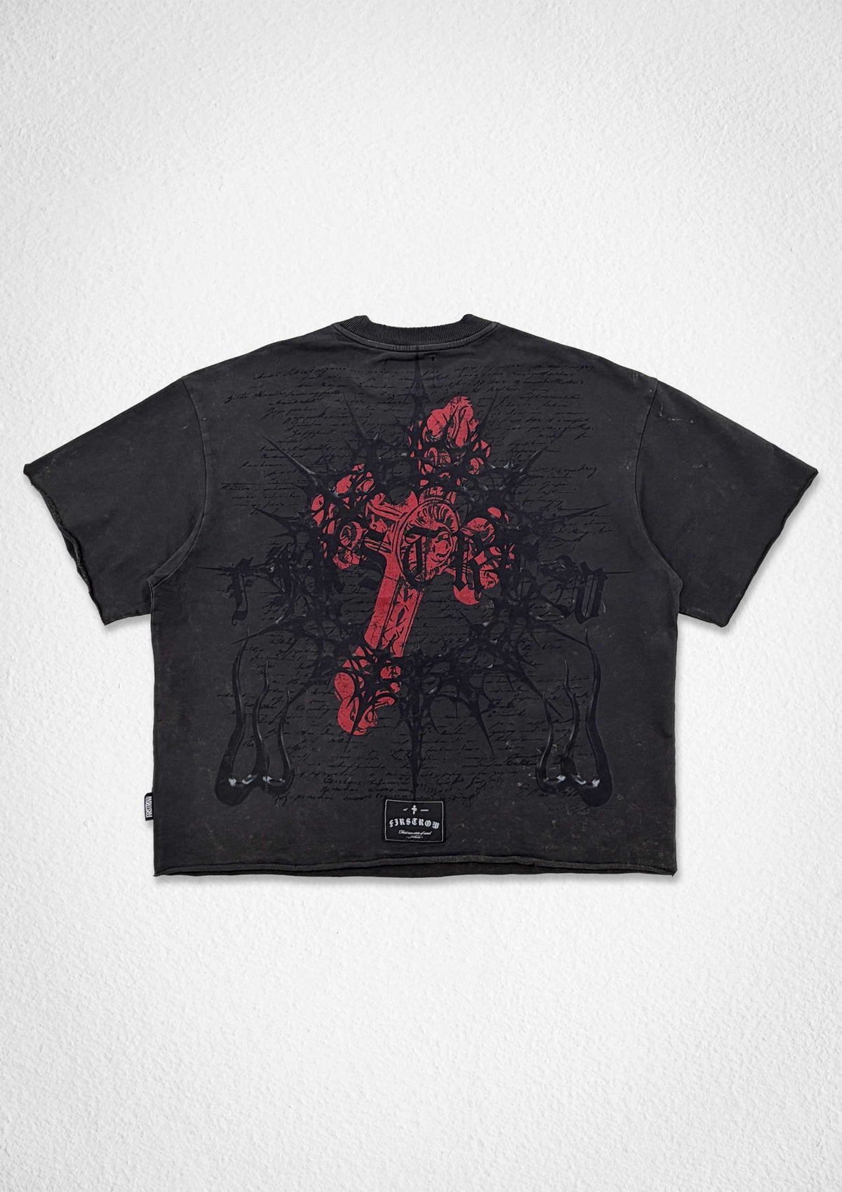 Men's dark grey cropped terry tee with 3D embroidery and studs