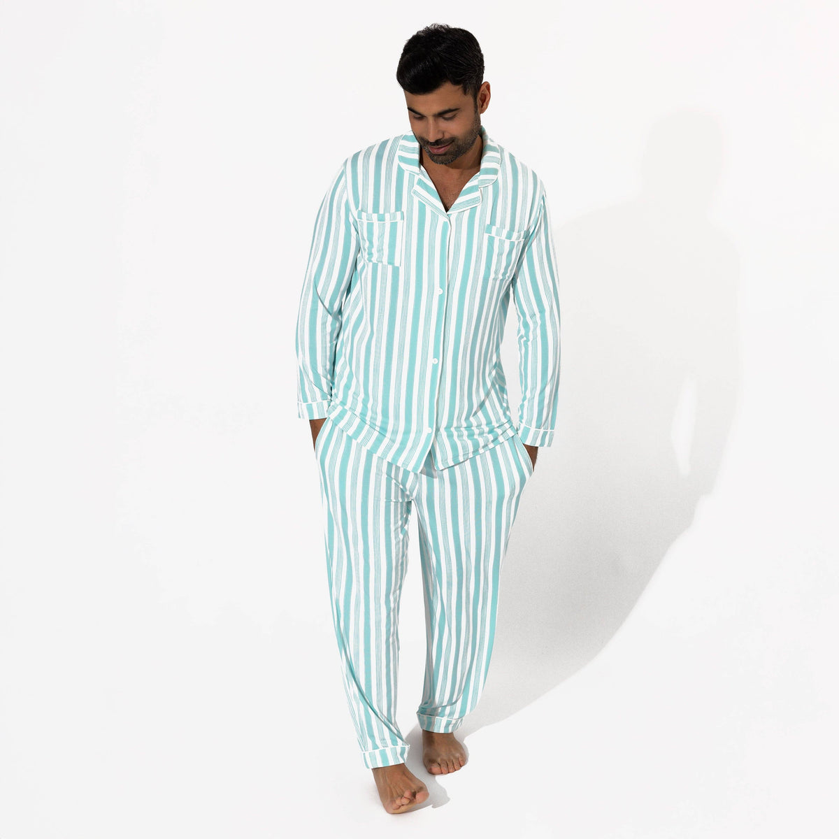 Men's Bamboo Pinstripe Button-Up Pajama Set in pinstripe – front view