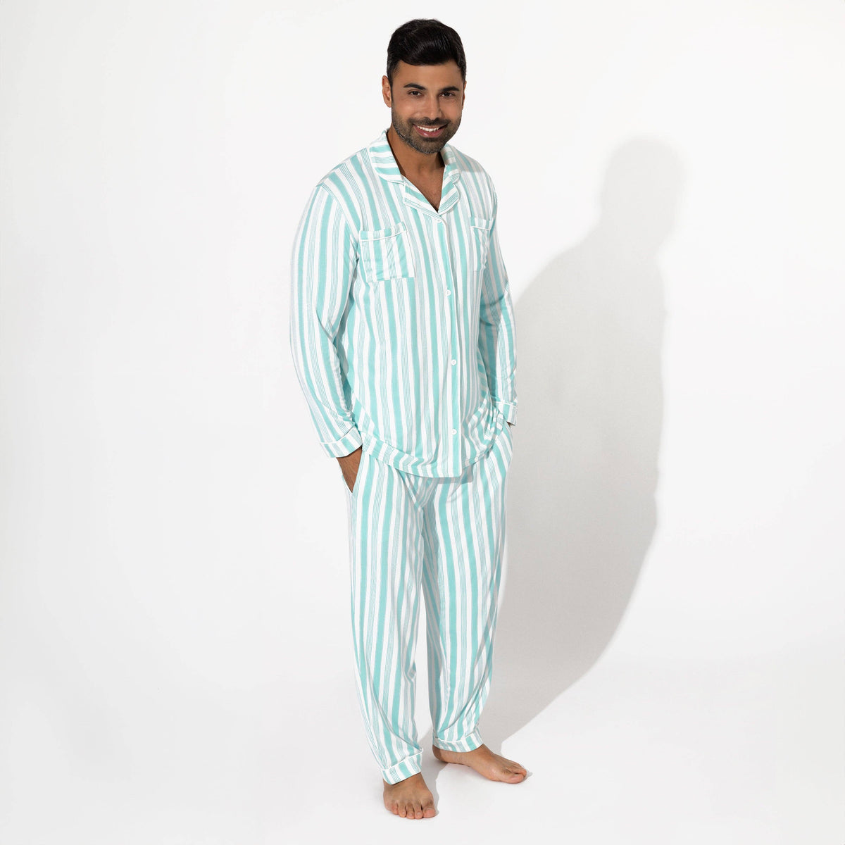 Men's Bamboo Pinstripe Button-Up Pajama Set in pinstripe – detail view