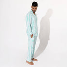Men's Bamboo Pinstripe Button-Up Pajama Set in pinstripe – styled view