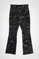 Men's black coated slim cargo jeans with flap and zip pockets