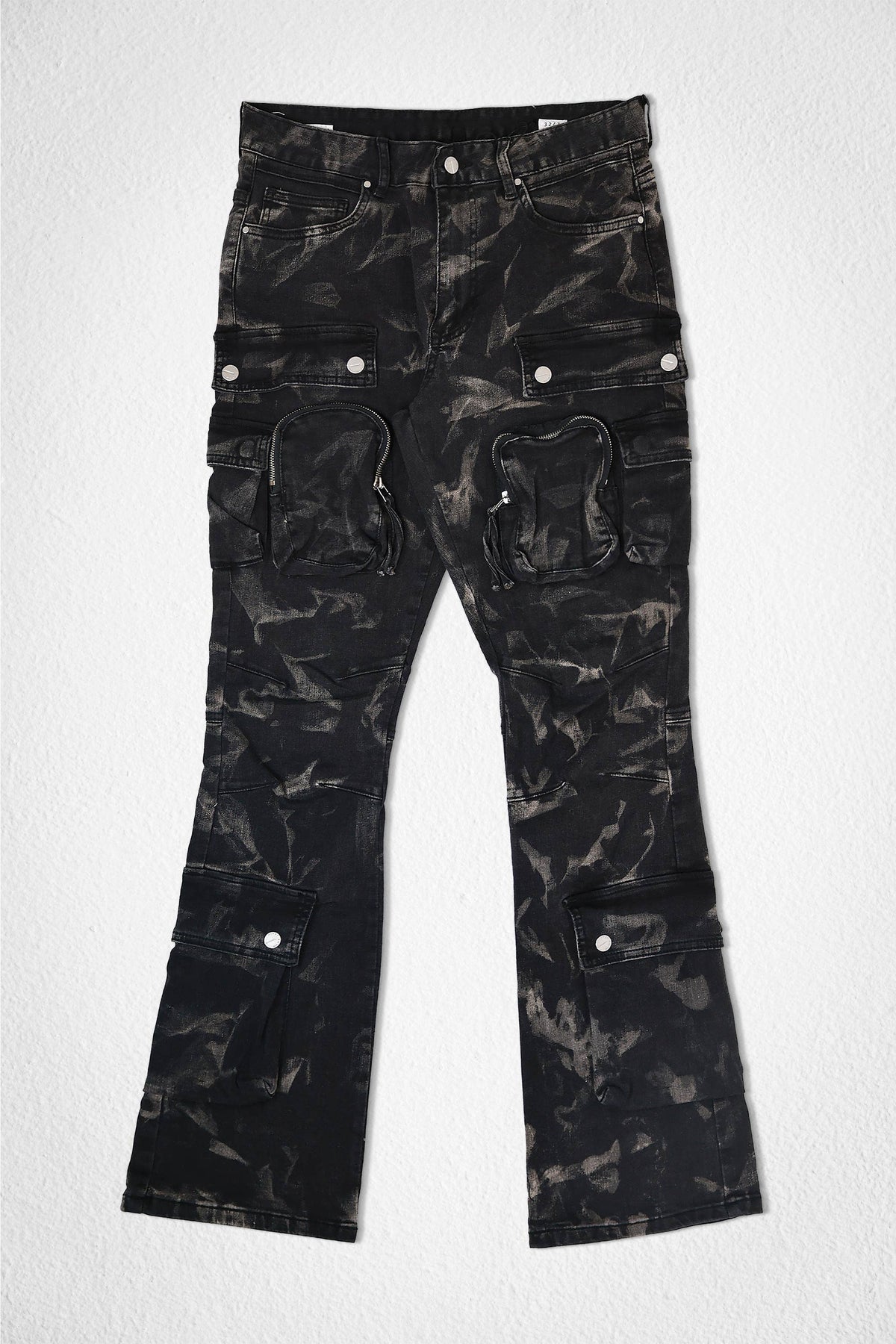 Men's black coated slim cargo jeans with flap and zip pockets