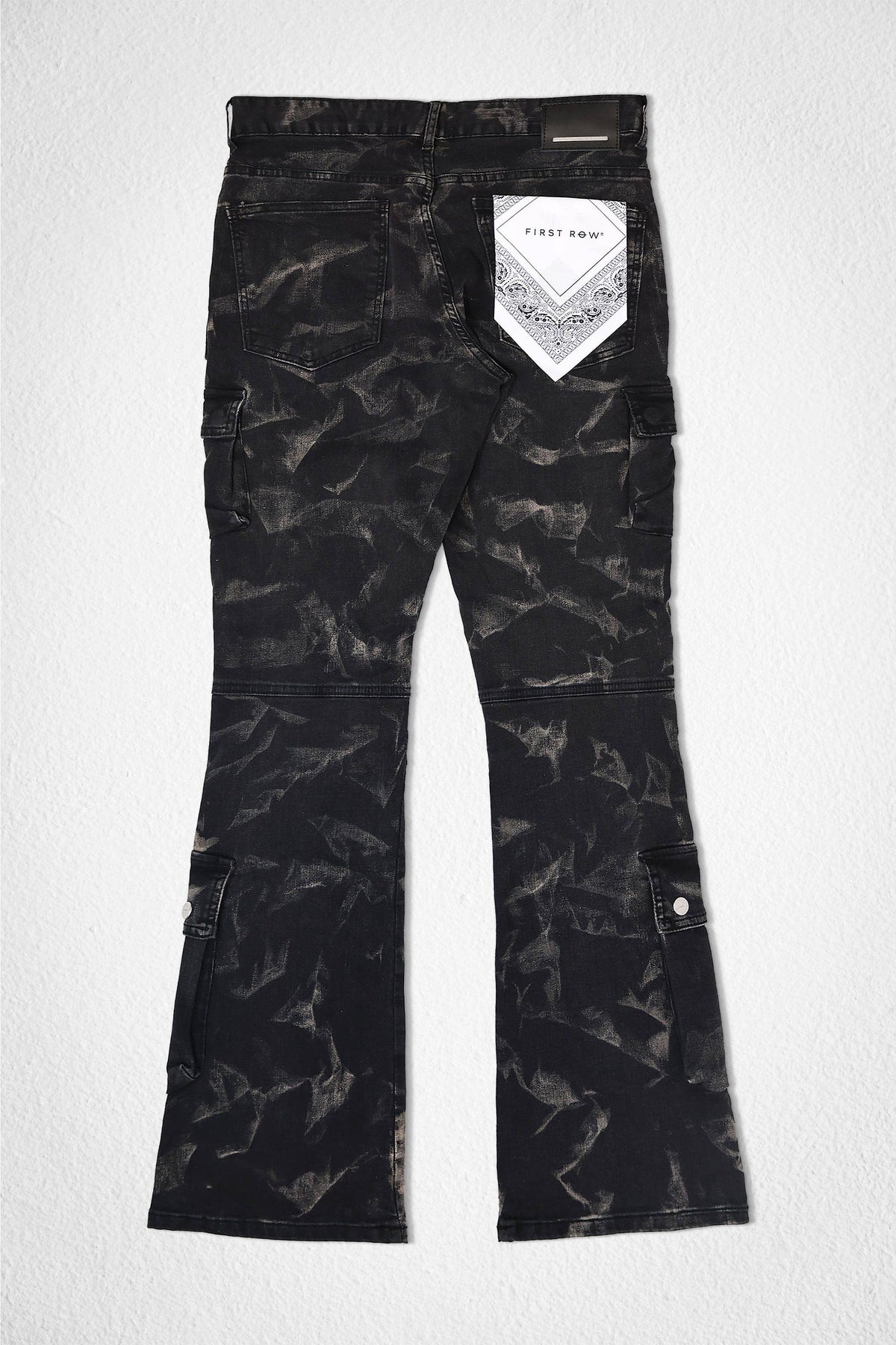 Men's black coated slim cargo jeans with flap and zip pockets