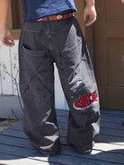 Men's Black Embroidered Straight-Leg Streetwear Jeans - front view