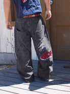 Men's Black Embroidered Straight-Leg Streetwear Jeans - view 2