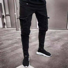 Men's Black Slim-Fit Ripped Zipper Detail Jeans - front view