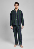 Men's Blackwatch Plaid Cotton Button-Up Pajama Set in blackwatch plaid – detail view