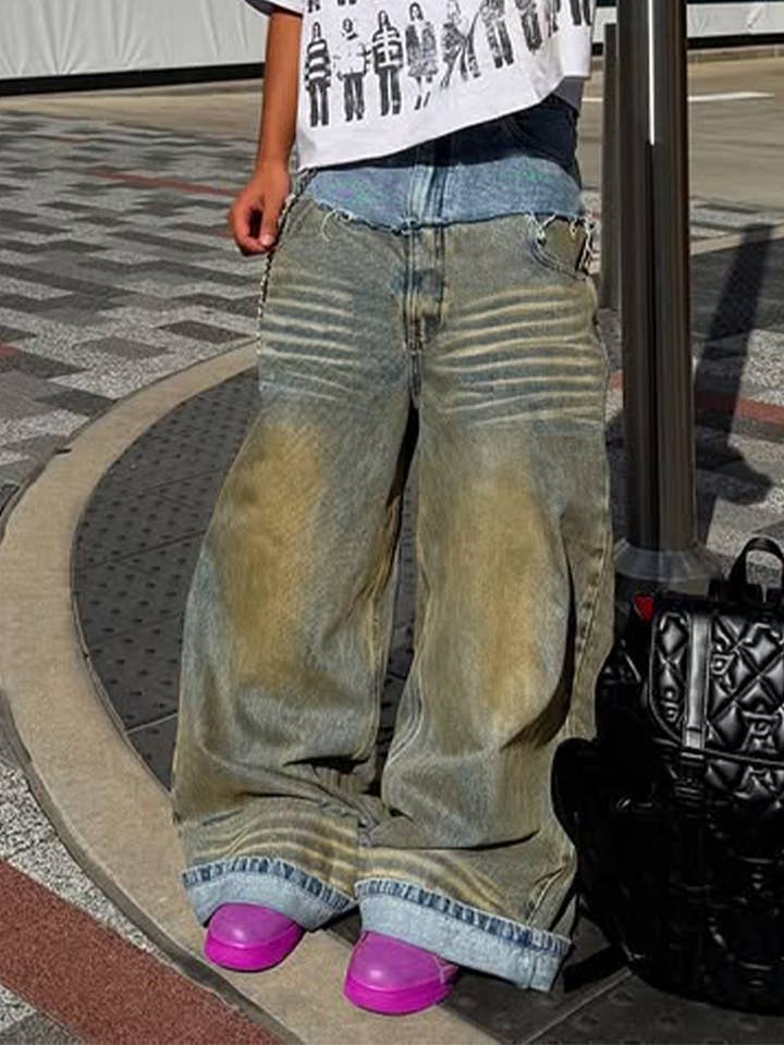 Men's Blue Vintage-Wash Wide-Leg Denim Jeans - view 4