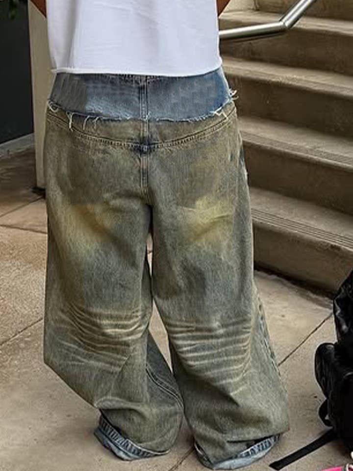 Men's Blue Vintage-Wash Wide-Leg Denim Jeans - view 5