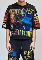Men's black rhinestone 3/4 sleeve cropped terry tee