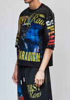 Men's black rhinestone 3/4 sleeve cropped terry tee