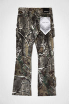 Men's camo print slim cargo jeans with multi-pocket utility design