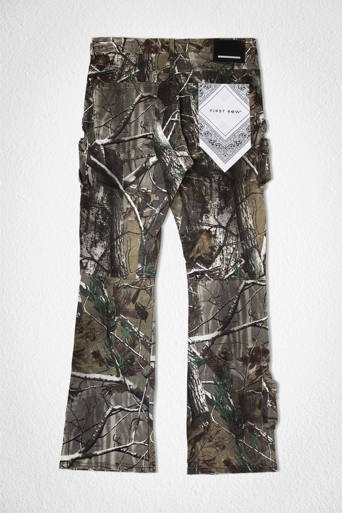 Men's camo print slim cargo jeans with multi-pocket utility design