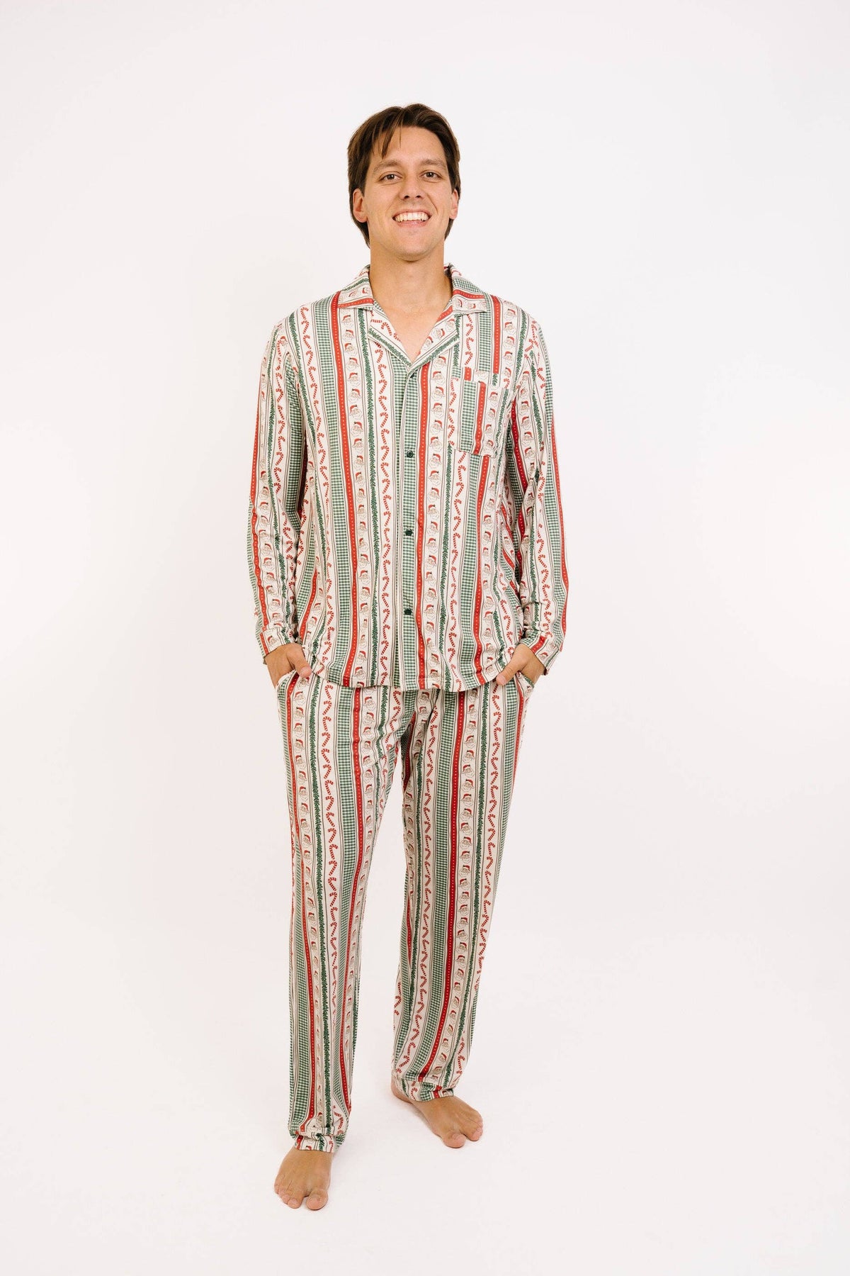 Men's Christmas Cheer Bamboo Button-Up Pajama Set in christmas cheer print – front view