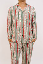 Men's Christmas Cheer Bamboo Button-Up Pajama Set in christmas cheer print – detail view