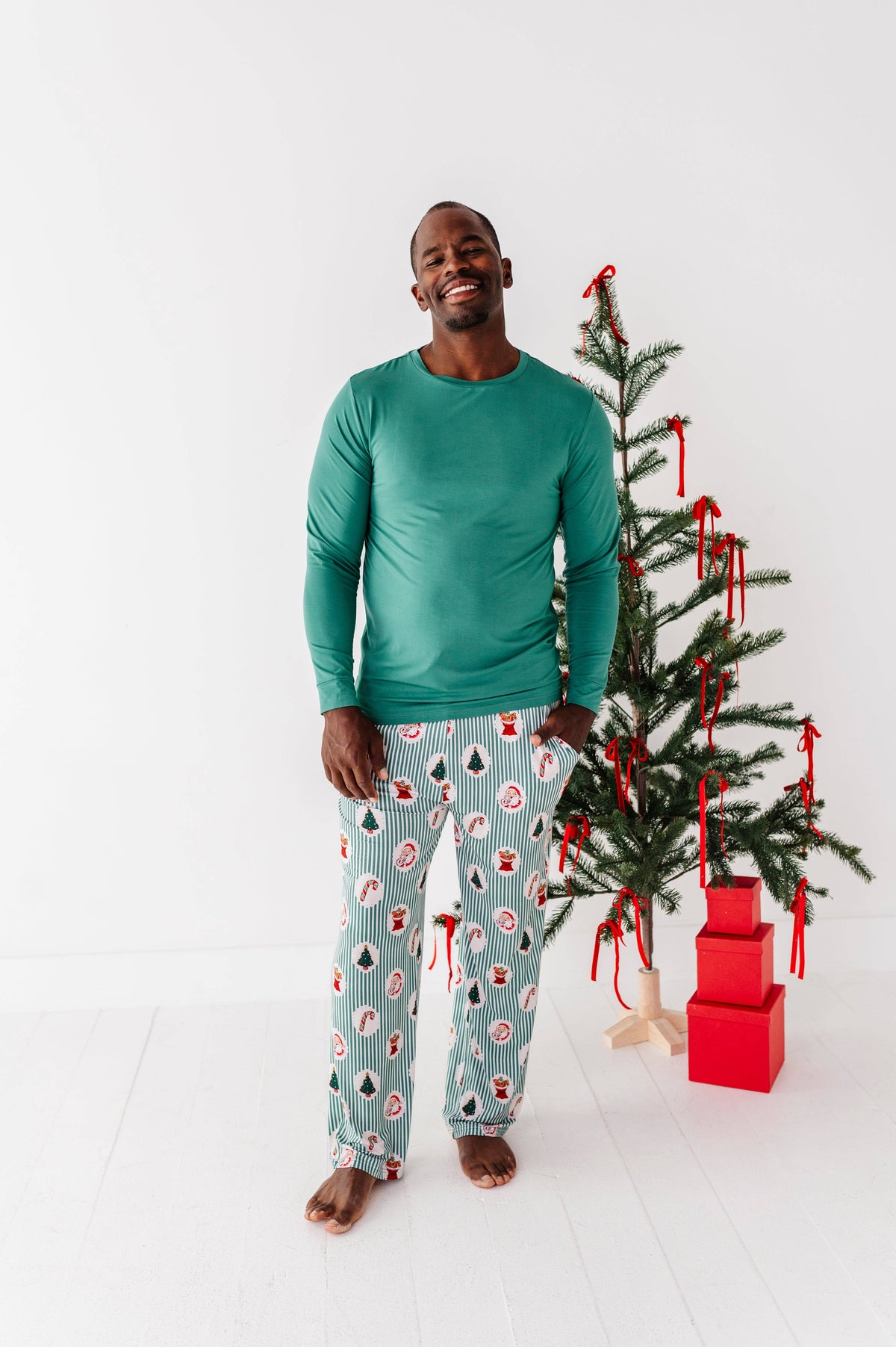 Men's Christmas Stripe Bamboo Lounge Pants in christmas stripe – front view