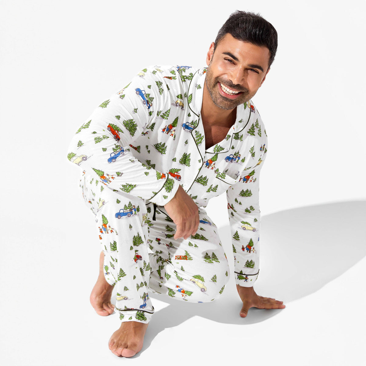 Men's Christmas Tree Farm Bamboo Pajama Set in evergreen print – front view