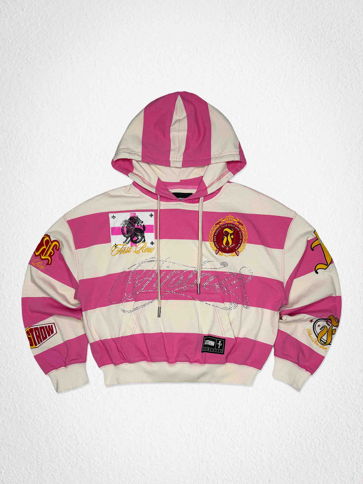 Men's pink cropped hoodie with crest applique, patch and embroidery details