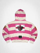 Men's pink cropped hoodie with crest applique, patch and embroidery details