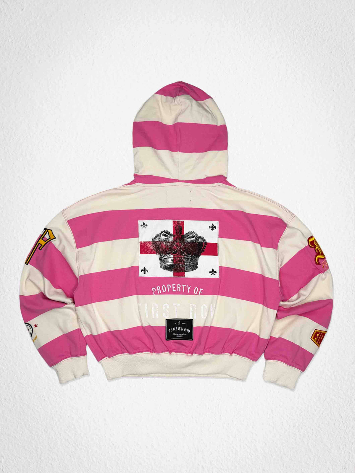 Men's pink cropped hoodie with crest applique, patch and embroidery details