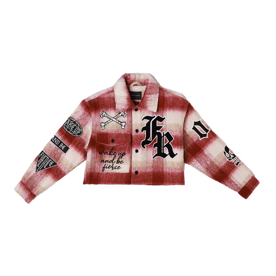 Men's red plaid cropped shirt jacket with chain-stitch patches and snap front - front