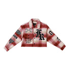 Men's red plaid cropped shirt jacket with chain-stitch patches and snap front - front