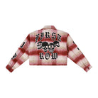 Men's red plaid cropped shirt jacket with chain-stitch patches and snap front - view 2