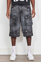 Men's black stone distressed denim cargo jorts