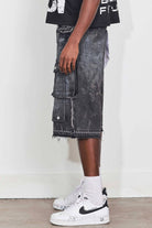 Men's black stone distressed denim cargo jorts