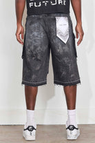 Men's black stone distressed denim cargo jorts