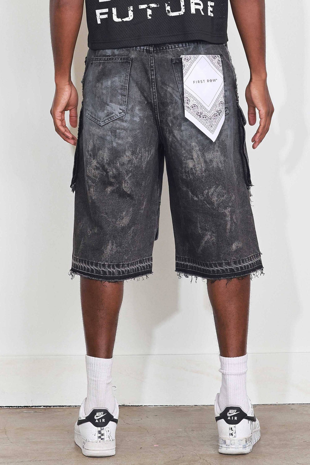Men's black stone distressed denim cargo jorts