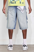 Men's medium blue distressed denim cargo jorts with raw hem