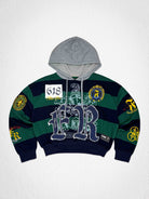 Men's hunter green cropped hoodie with eagle applique, patch and embroidery details