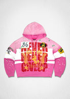 Men's pink French terry pullover hoodie with embroidered 86 graphic and patch details